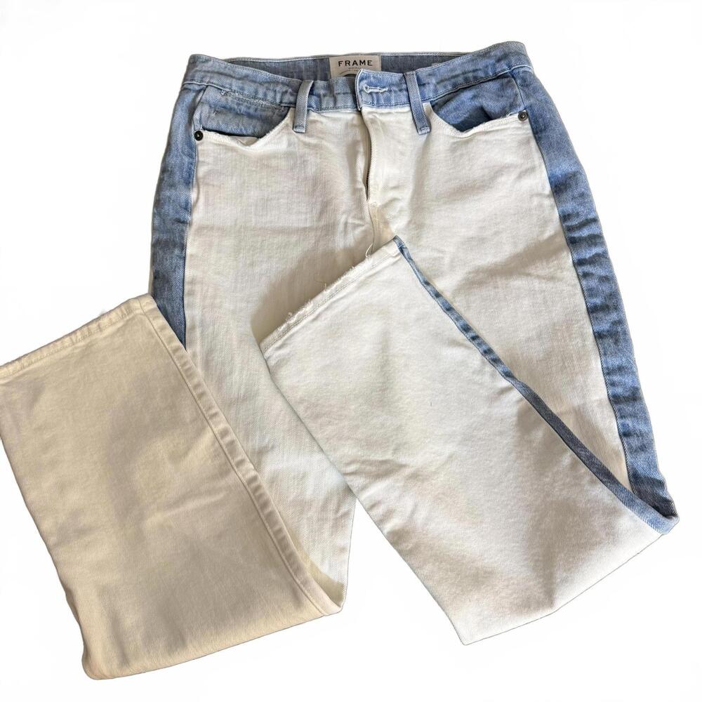 FRAME Denim Color Block Le High Straight Leg White/Light Wash Denim‎ Jeans SZ 26